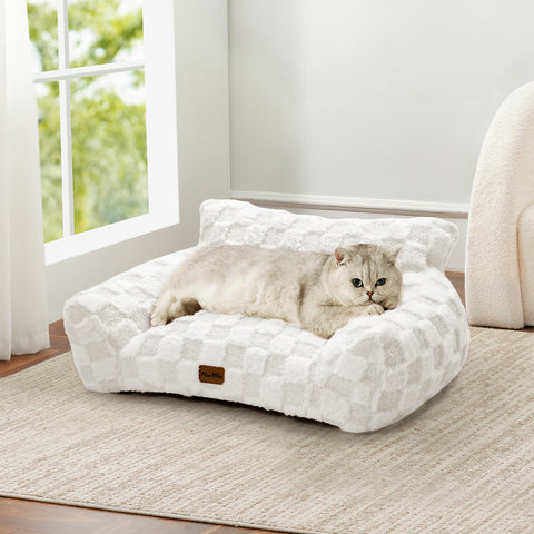 Soft Cat Couch Bed, Faux Fur Checkered Pet Sofa