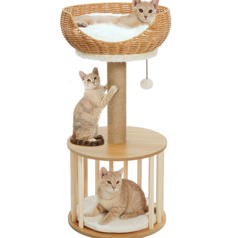 Made4Pets Beige Wood Cat Tree with Rattan Cat Condo
