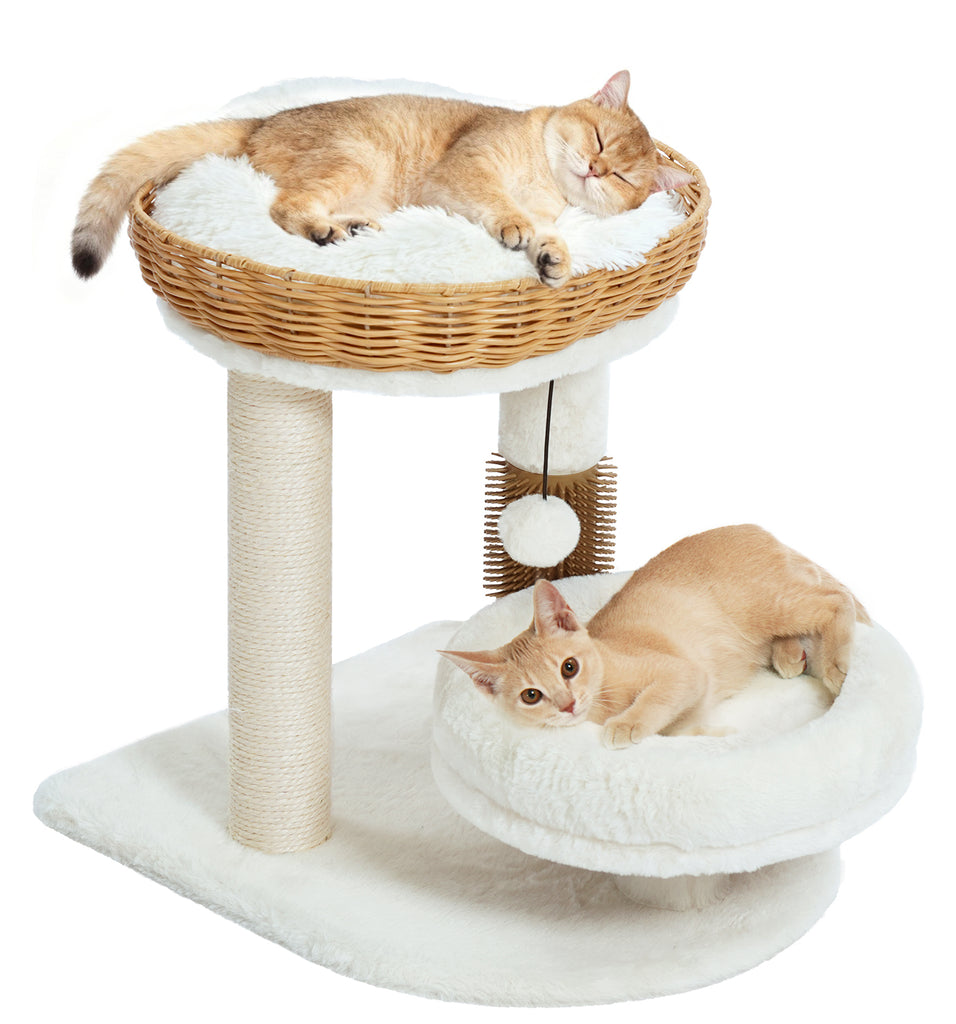 Made4Pets Beige Wood Cat Tree with Rattan Cat Condo