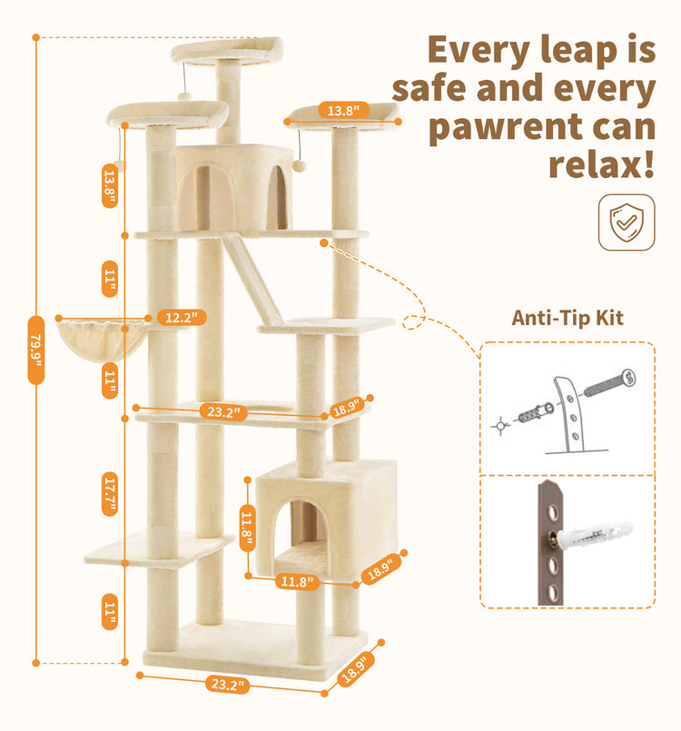 Made4Pets Tall Cat Tree, 80" Cat Tree Tower for Indoor Cats Large Adult, Modern Cat Tower with Scratching Post, Cozy Hammock, 3 Perches and 2 Condos, Sturdy and Fluffy