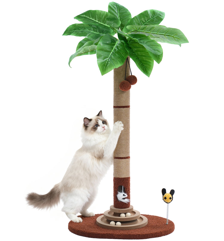 Made4Pets Palm Tree Cat Scratching Post with Sisal Rope, Interactive Hanging Balls, Toy Mouse and Two-Layer Ball Track Cat Toys, Cat Scratcher Tower for Indoor Cats and Kittens