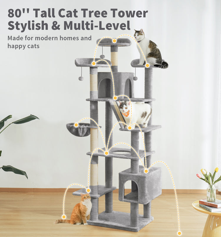 Made4Pets Tall Cat Tree, 80" Cat Tree Tower for Indoor Cats Large Adult, Modern Cat Tower with Scratching Post, Cozy Hammock, 3 Perches and 2 Condos, Sturdy and Fluffy