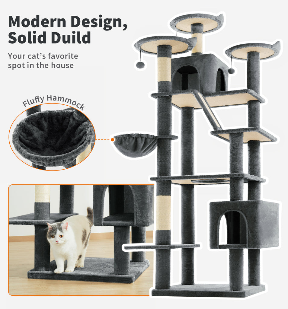 Made4Pets Tall Cat Tree, 80" Cat Tree Tower for Indoor Cats Large Adult, Modern Cat Tower with Scratching Post, Cozy Hammock, 3 Perches and 2 Condos, Sturdy and Fluffy