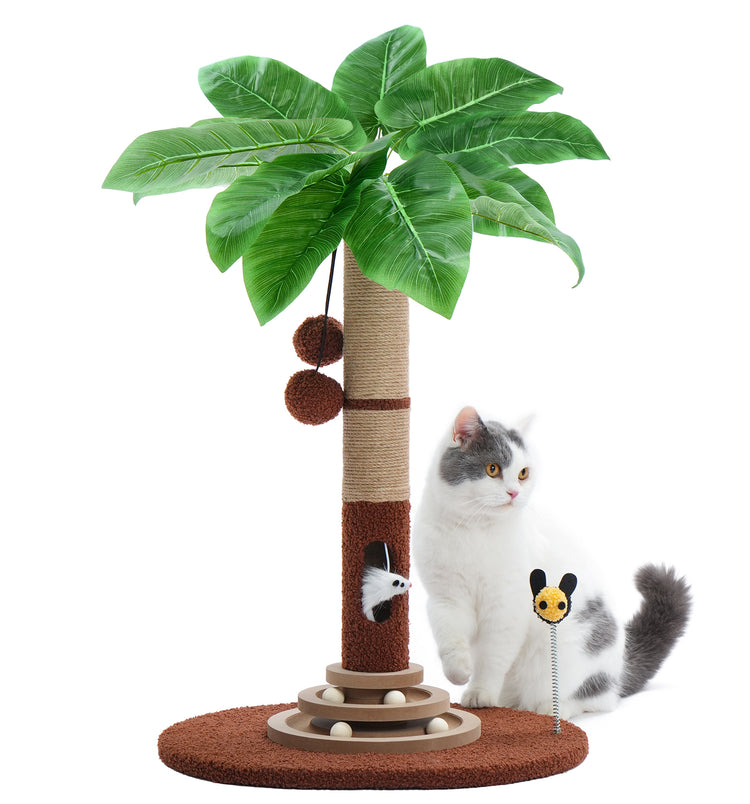 Made4Pets Palm Tree Cat Scratching Post with Sisal Rope, Interactive Hanging Balls, Toy Mouse and Two-Layer Ball Track Cat Toys, Cat Scratcher Tower for Indoor Cats and Kittens