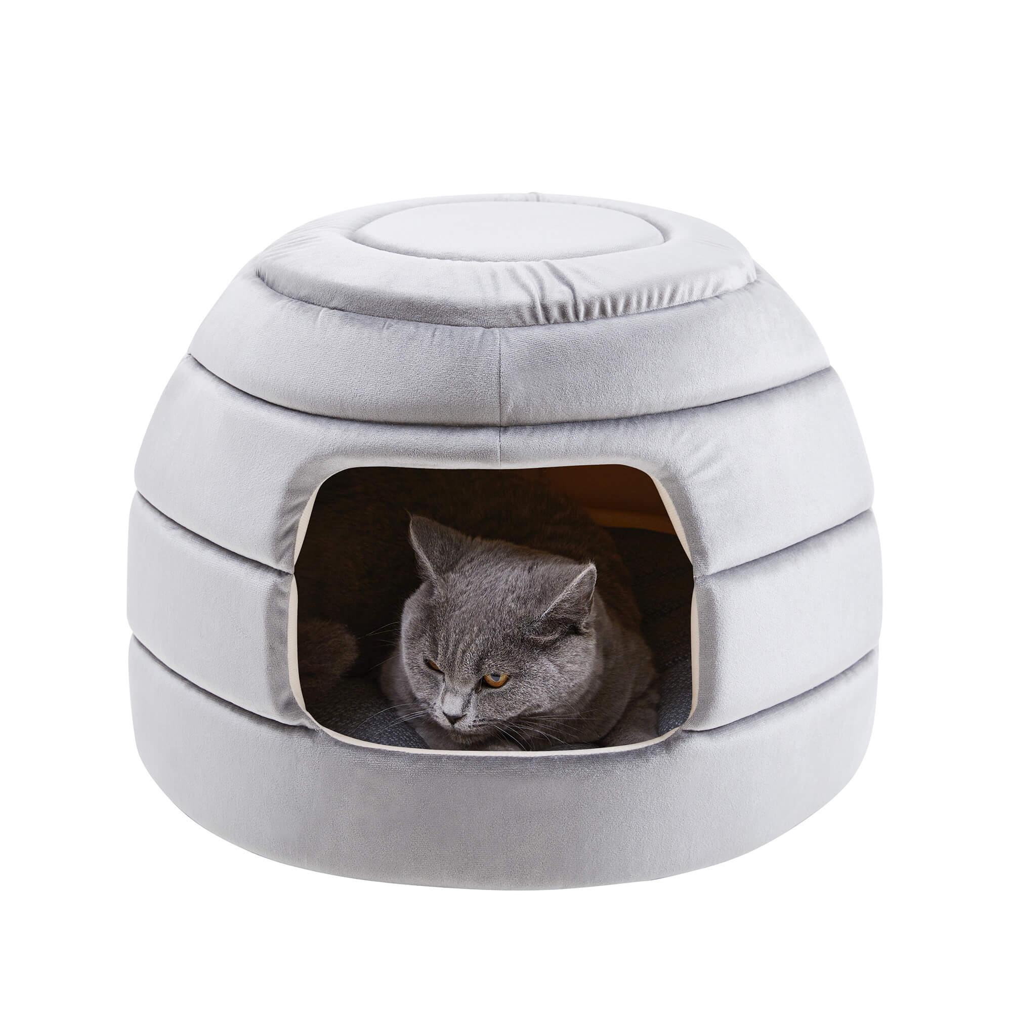 Made4Pets Cat Bed and House, 2-in-1 Foldable Cat Houses for Indoor Cats, Soft Velvet Cat Cave, Removable and Washable Cushion, Cat Condo for All-Season, Grey - Made4Pets