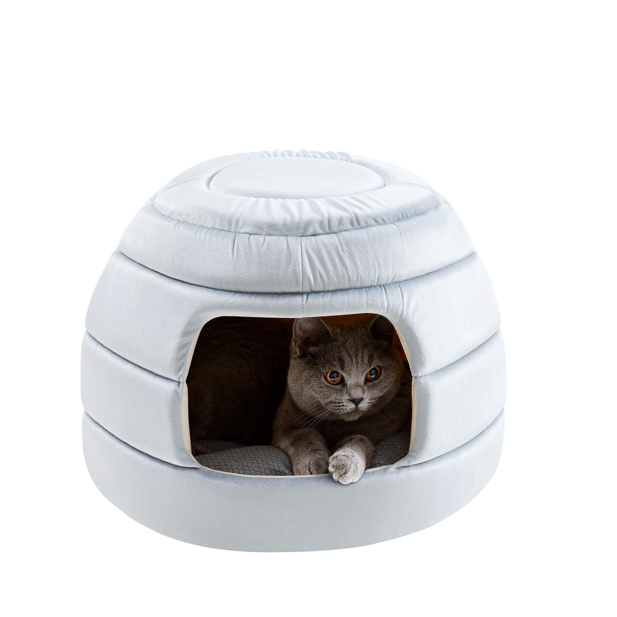 Made4Pets Cat Bed and House, 2-in-1 Foldable Cat Houses for Indoor Cats, Soft Velvet Cat Cave, Removable and Washable Cushion, Cat Condo for All-Season, Grey - Made4Pets