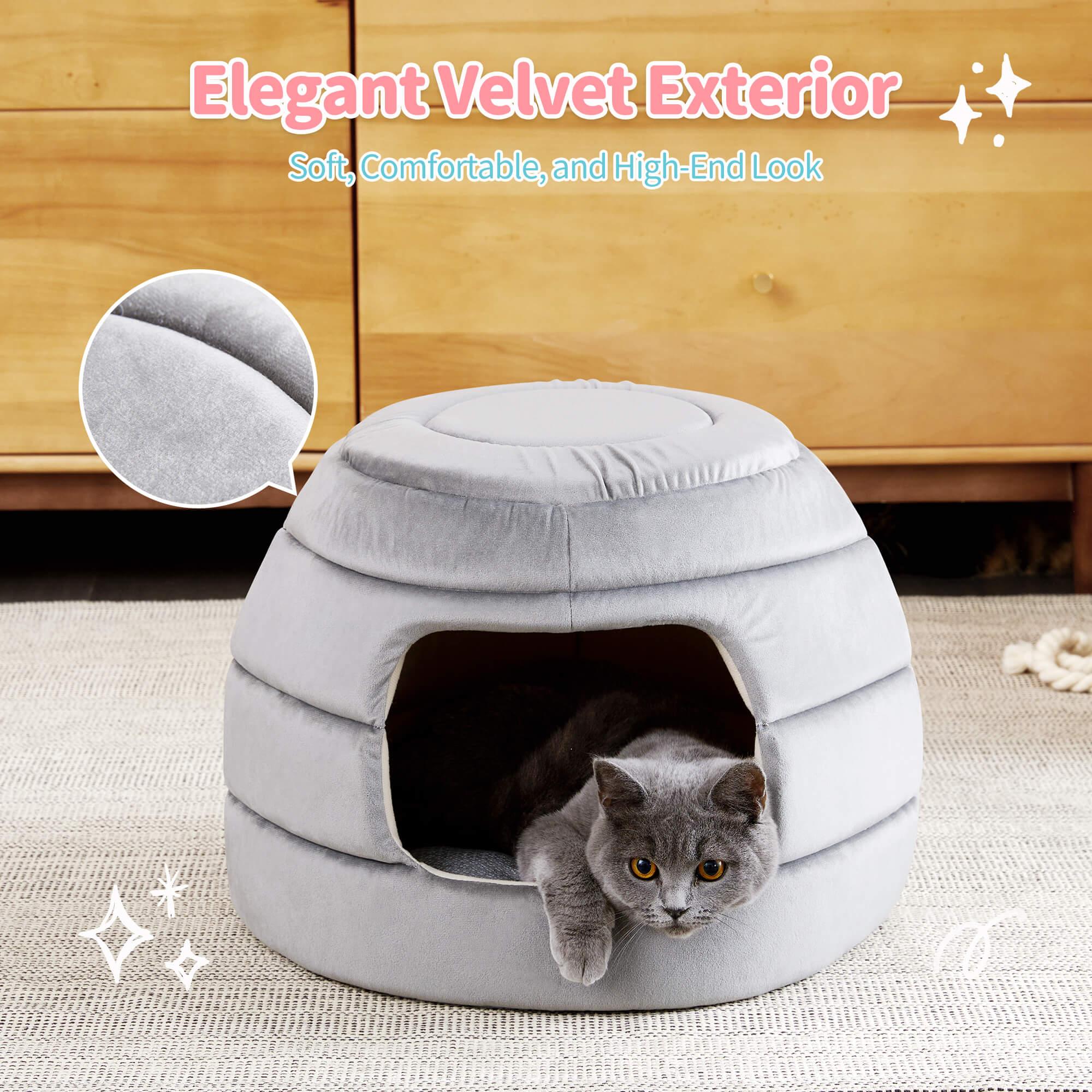 Made4Pets Cat Bed and House, 2-in-1 Foldable Cat Houses for Indoor Cats, Soft Velvet Cat Cave, Removable and Washable Cushion, Cat Condo for All-Season, Grey - Made4Pets