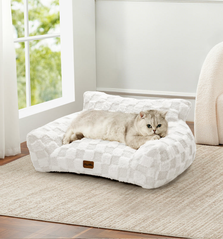 Soft Cat Couch Bed, Faux Fur Checkered Pet Sofa
