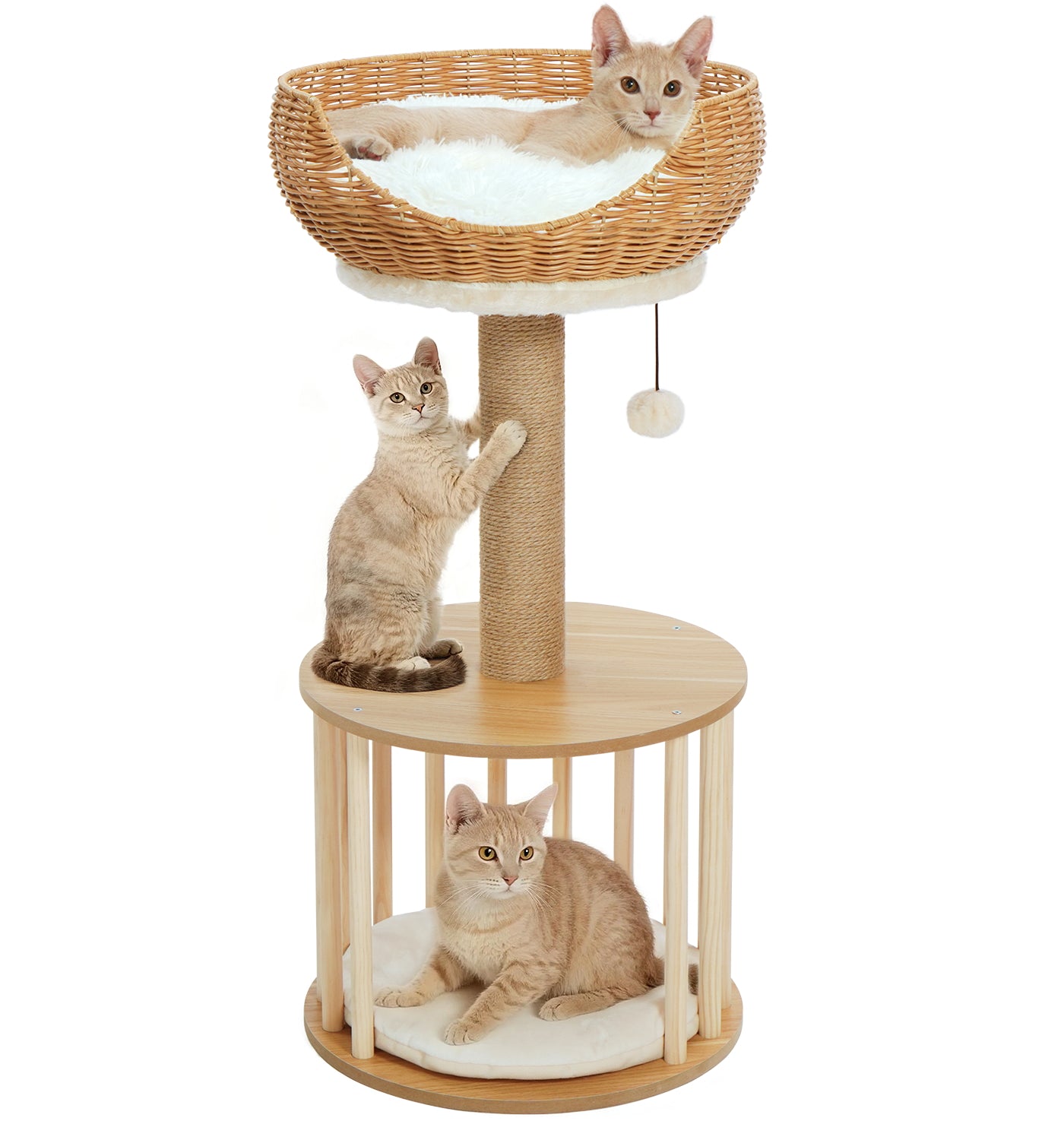 Made4Pets Beige Wood Cat Tree with Rattan Cat Condo