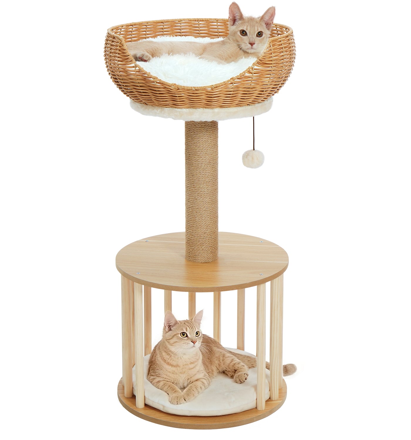 Made4Pets Beige Wood Cat Tree with Rattan Cat Condo