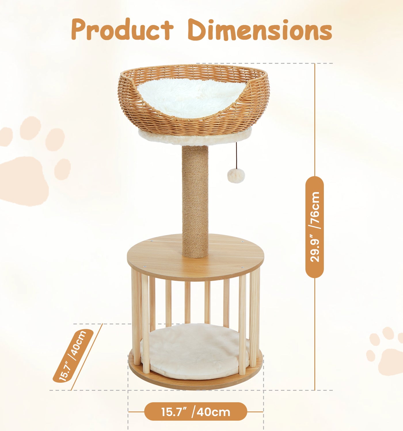 Made4Pets Beige Wood Cat Tree with Rattan Cat Condo