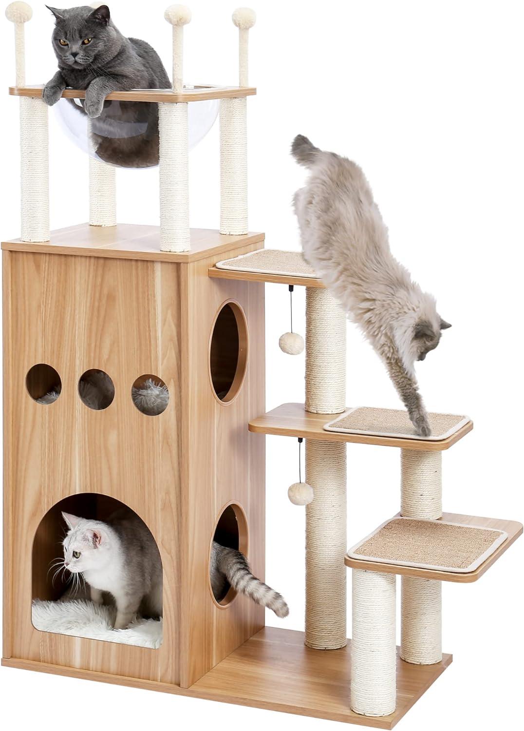 Made4Pets Modern Cat Tree for Large Cat, Wood Cat Tower Heavy Duty with Scratch Post for Indoor Big Cats, 51