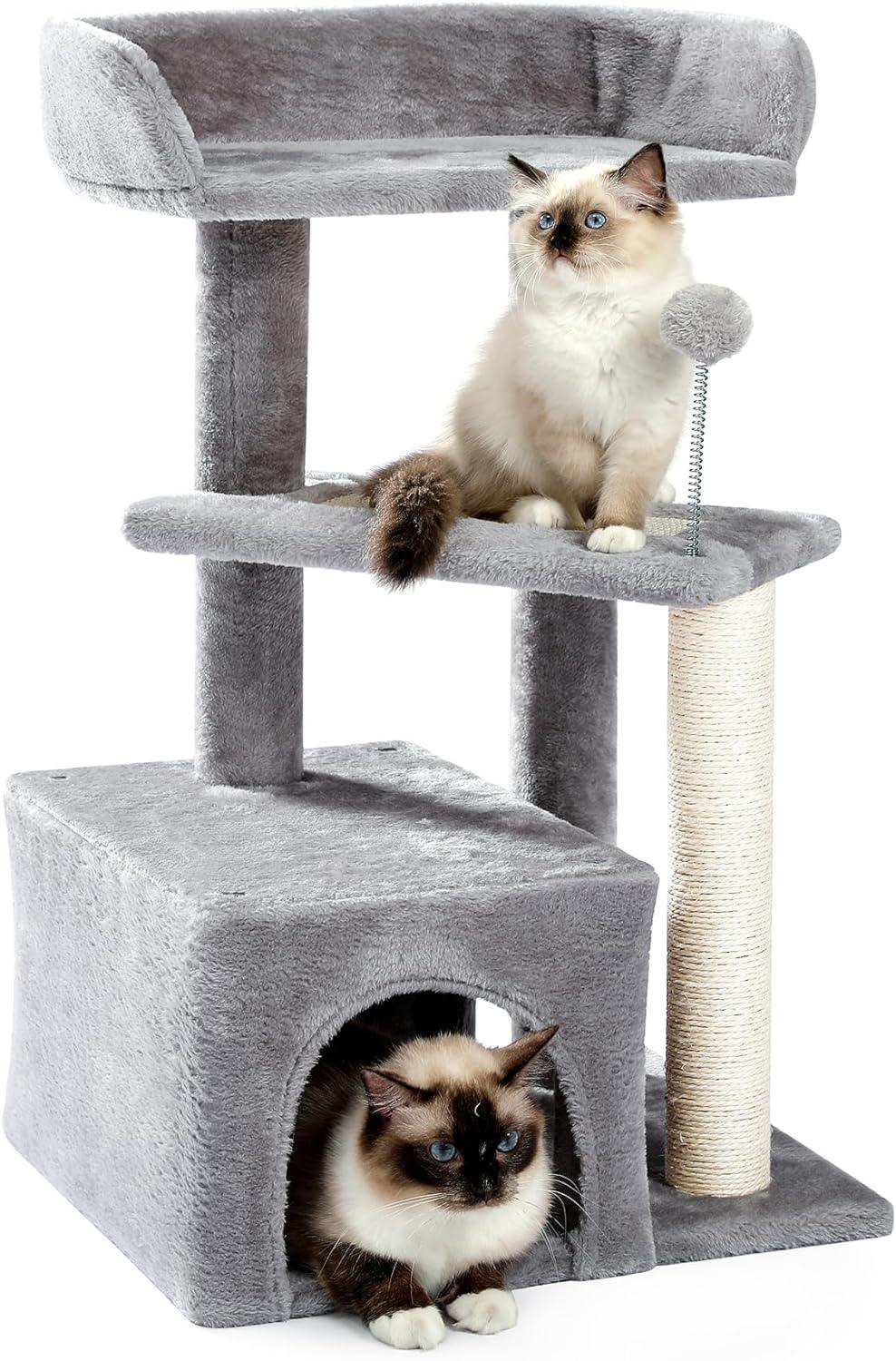 Made4Pets Cat Tree, Carpet Cat Tower Grey for Indoors Cats, Cute Wood Kitty Condo with Scratching Post and Pad, 27