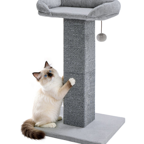 Made4Pets Cat Scratching Post with Bed, 32'' Modern Cat Scratcher with Top Plush Cat Bed, Tall Cat Scratch Post for Indoor Cats, Heavy-Duty Carpet Scratching Post with Hanging Ball Toy, Grey
