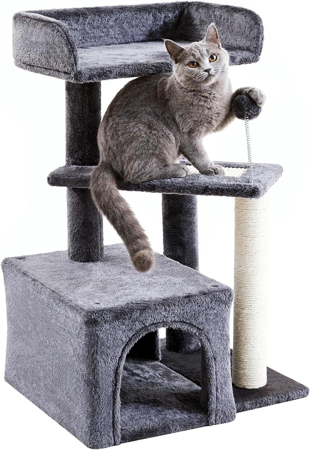 Made4Pets Cat Tree, Carpet Cat Tower Grey for Indoors Cats, Cute Wood Kitty Condo with Scratching Post and Pad, 27