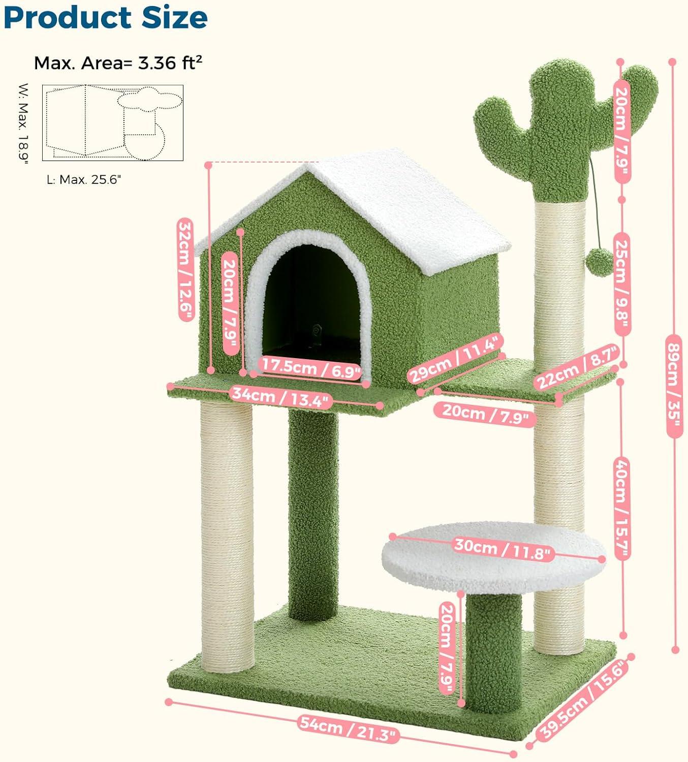 Made4Pets Cat Tree Cat Tower with Cozy Cat Condo, Cute Cactus Cat Tree Tower with Cat Scratching Post, Cat House, Cozy Platform, Perch for Cats Kittens - Made4Pets