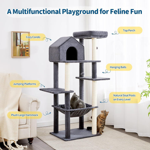 Multi-Level Cat Tree with Plush Hammock for Indoor Cats - Made4Pets