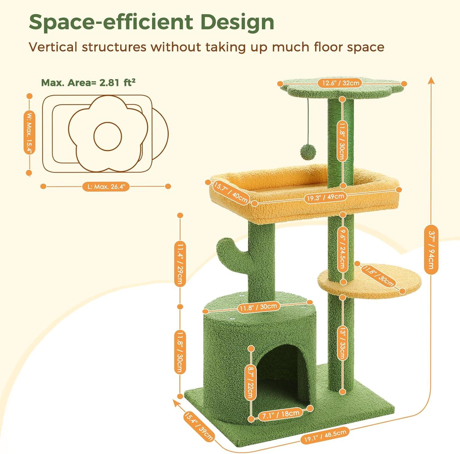 Made4Pets Cat Tree Cat Tower with Cozy Cat Condo, Cute Cactus Cat Tree Tower with Cat Scratching Post, Cat House, Cozy Platform, Perch for Cats Kittens - Made4Pets