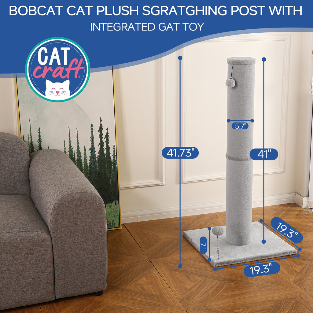 Cat Craft Light Gray Faux Fur Large Cat Scratching Post with Replaceable Toys and Sturdy Base