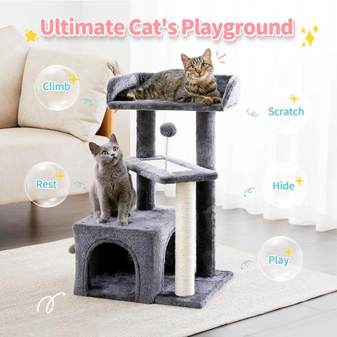 Made4Pets Cat Tree, Carpet Cat Tower Grey for Indoors Cats, Cute Wood Kitty Condo with Scratching Post and Pad, 27