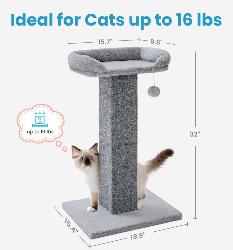 Made4Pets Cat Scratching Post with Bed, 32'' Modern Cat Scratcher with Top Plush Cat Bed, Tall Cat Scratch Post for Indoor Cats, Heavy-Duty Carpet Scratching Post with Hanging Ball Toy, Grey