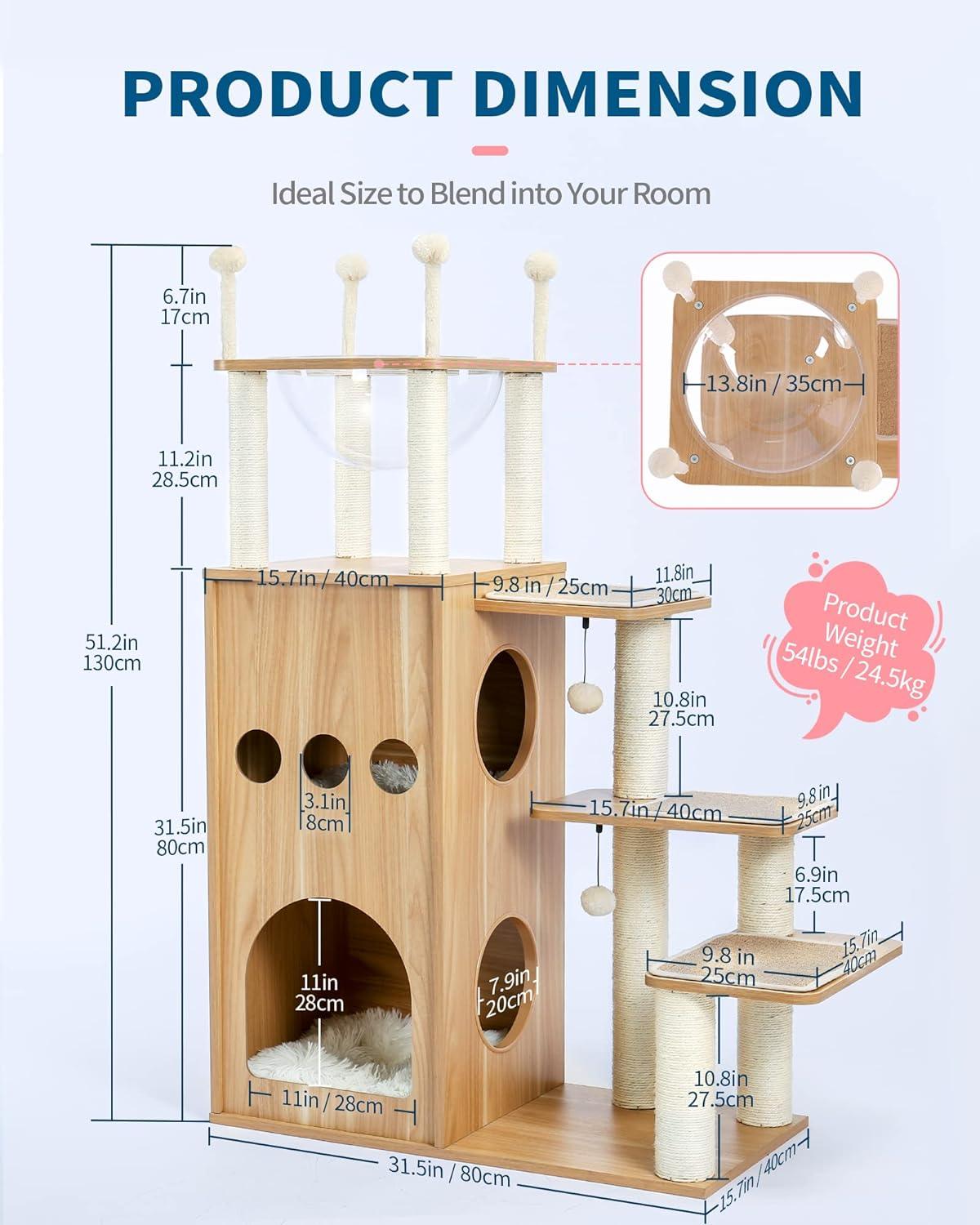 Made4Pets Modern Cat Tree for Large Cat, Wood Cat Tower Heavy Duty with Scratch Post for Indoor Big Cats, 51