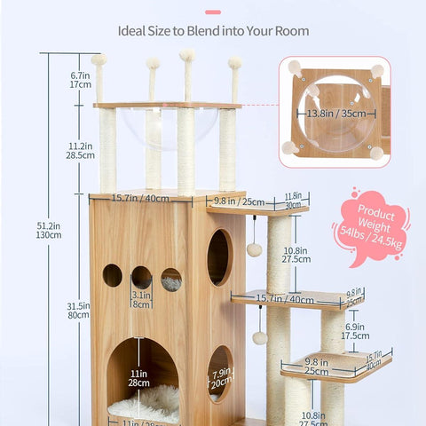 Made4Pets Modern Cat Tree for Large Cat, Wood Cat Tower Heavy Duty with Scratch Post for Indoor Big Cats, 51