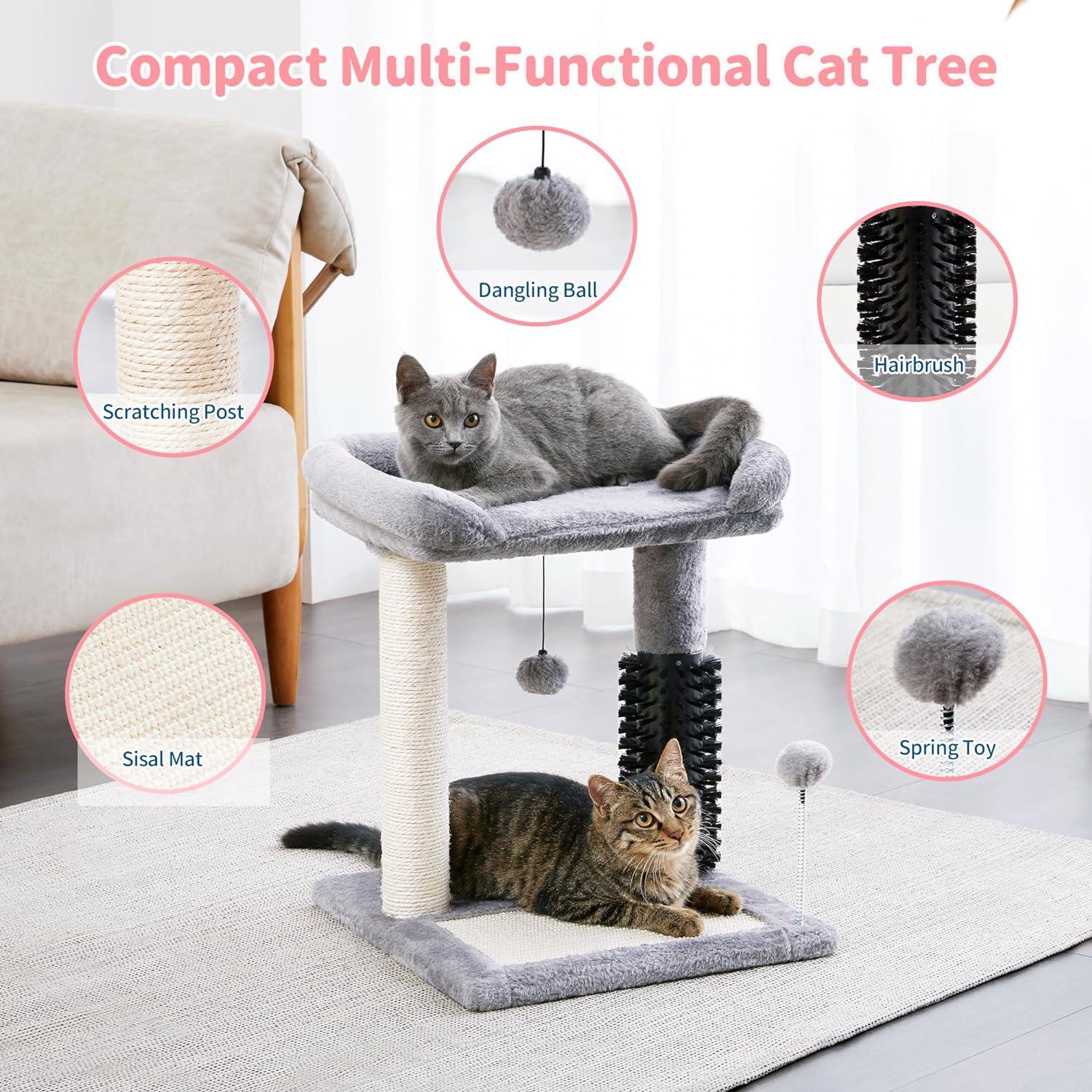 Small Cat Tree Tower 4-in-1 with Cat Self Groomer Brush - Made4Pets