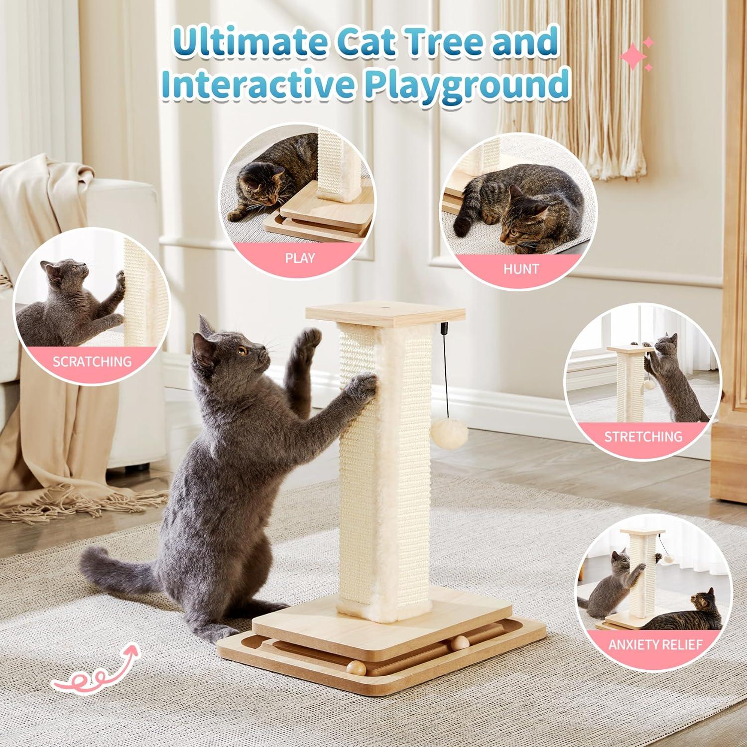 Made4Pets Cat Scratching Post, Cat Tree Tower with Sisal Post and Interactive Toy, 18