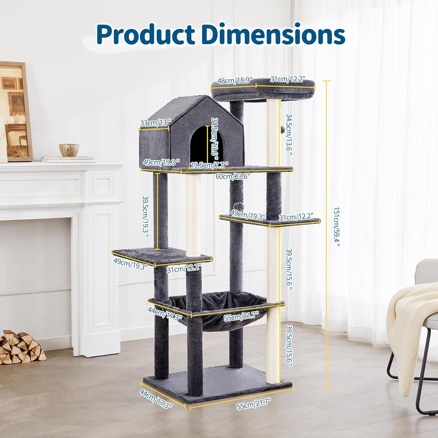 Multi-Level Cat Tree with Plush Hammock for Indoor Cats - Made4Pets