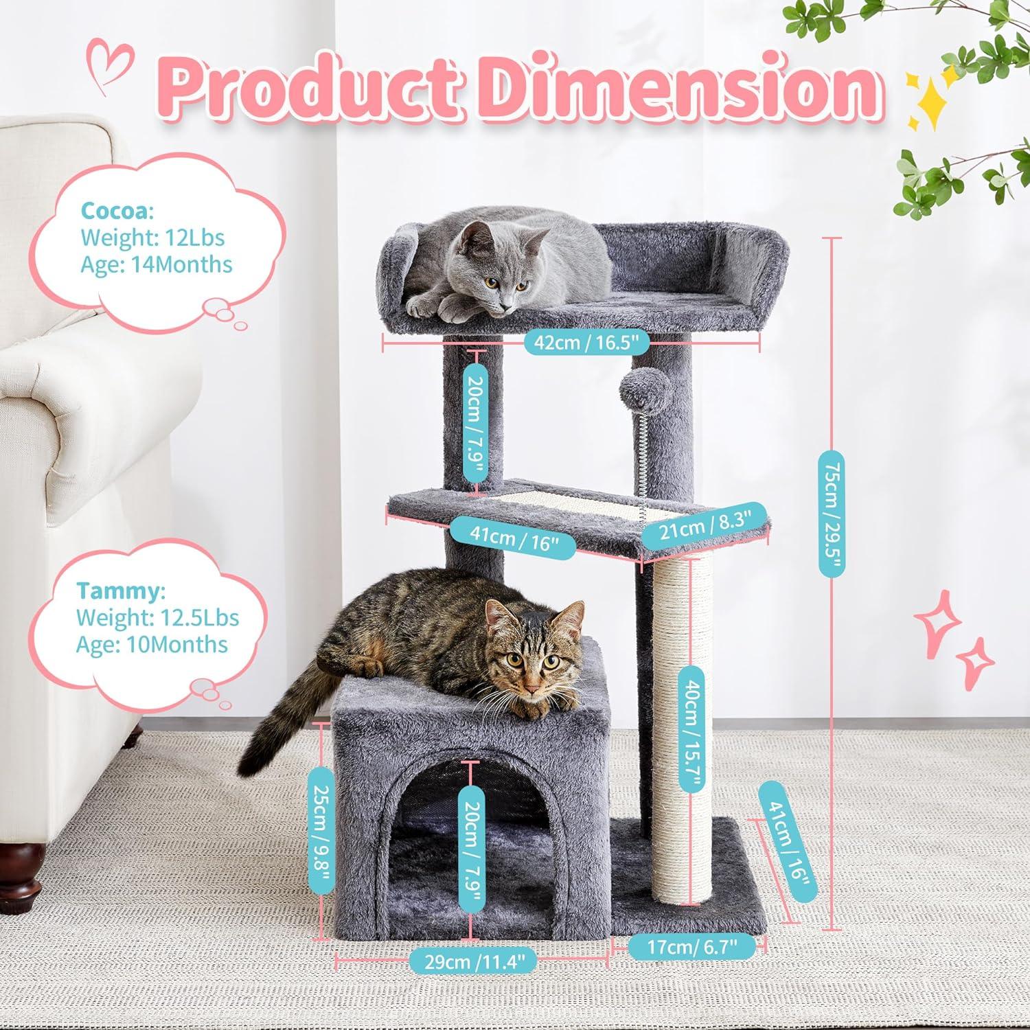 Made4Pets Cat Tree, Carpet Cat Tower Grey for Indoors Cats, Cute Wood Kitty Condo with Scratching Post and Pad, 27