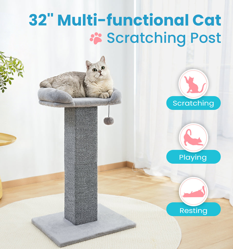 Made4Pets Cat Scratching Post with Bed, 32'' Modern Cat Scratcher with Top Plush Cat Bed, Tall Cat Scratch Post for Indoor Cats, Heavy-Duty Carpet Scratching Post with Hanging Ball Toy, Grey