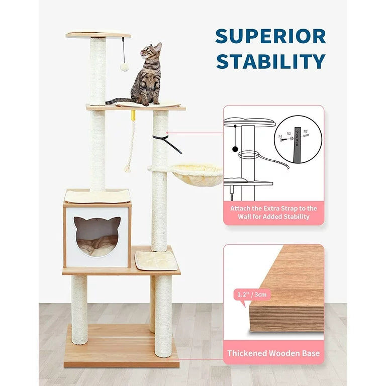 FourFurPets 43.7" Cat Tree Tower For Large Cats - Modern Cat Condo With Scratching Posts, Large Perch, Removable Pads, Greige, Anti-Tip Kit Included