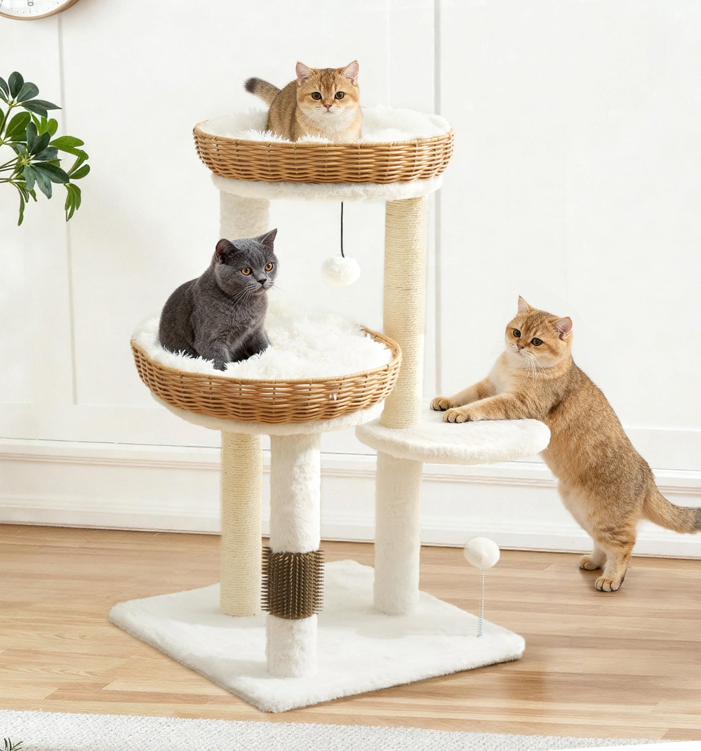 Made4Pets Beige Wood Cat Tree with Rattan Cat Condo