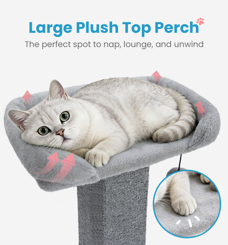 Made4Pets Cat Scratching Post with Bed, 32'' Modern Cat Scratcher with Top Plush Cat Bed, Tall Cat Scratch Post for Indoor Cats, Heavy-Duty Carpet Scratching Post with Hanging Ball Toy, Grey