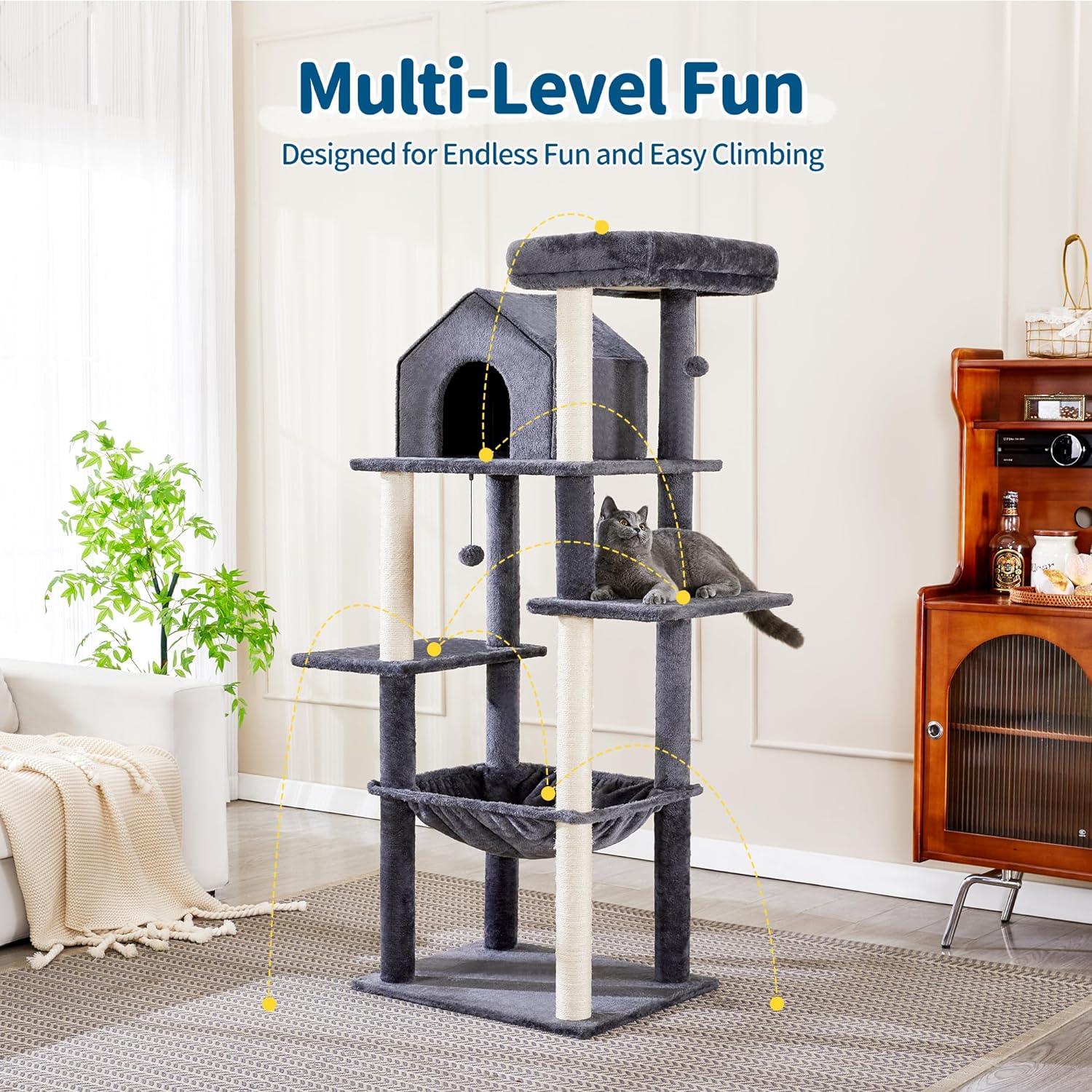 Multi-Level Cat Tree with Plush Hammock for Indoor Cats - Made4Pets