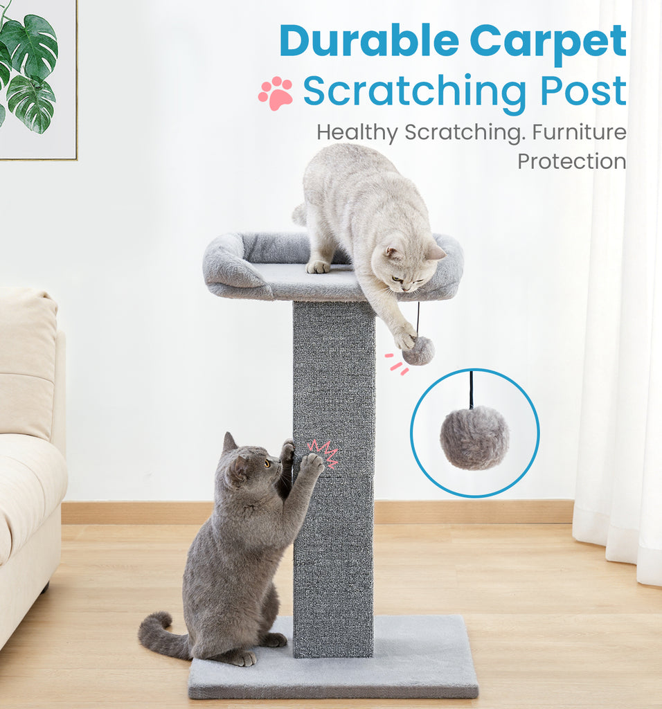 Made4Pets Cat Scratching Post with Bed, 32'' Modern Cat Scratcher with Top Plush Cat Bed, Tall Cat Scratch Post for Indoor Cats, Heavy-Duty Carpet Scratching Post with Hanging Ball Toy, Grey