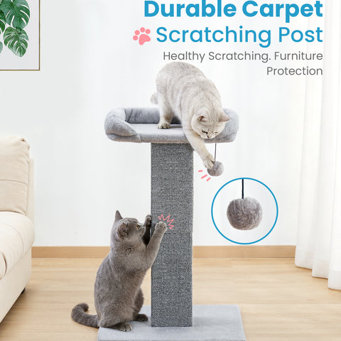 Made4Pets Cat Scratching Post with Bed, 32'' Modern Cat Scratcher with Top Plush Cat Bed, Tall Cat Scratch Post for Indoor Cats, Heavy-Duty Carpet Scratching Post with Hanging Ball Toy, Grey