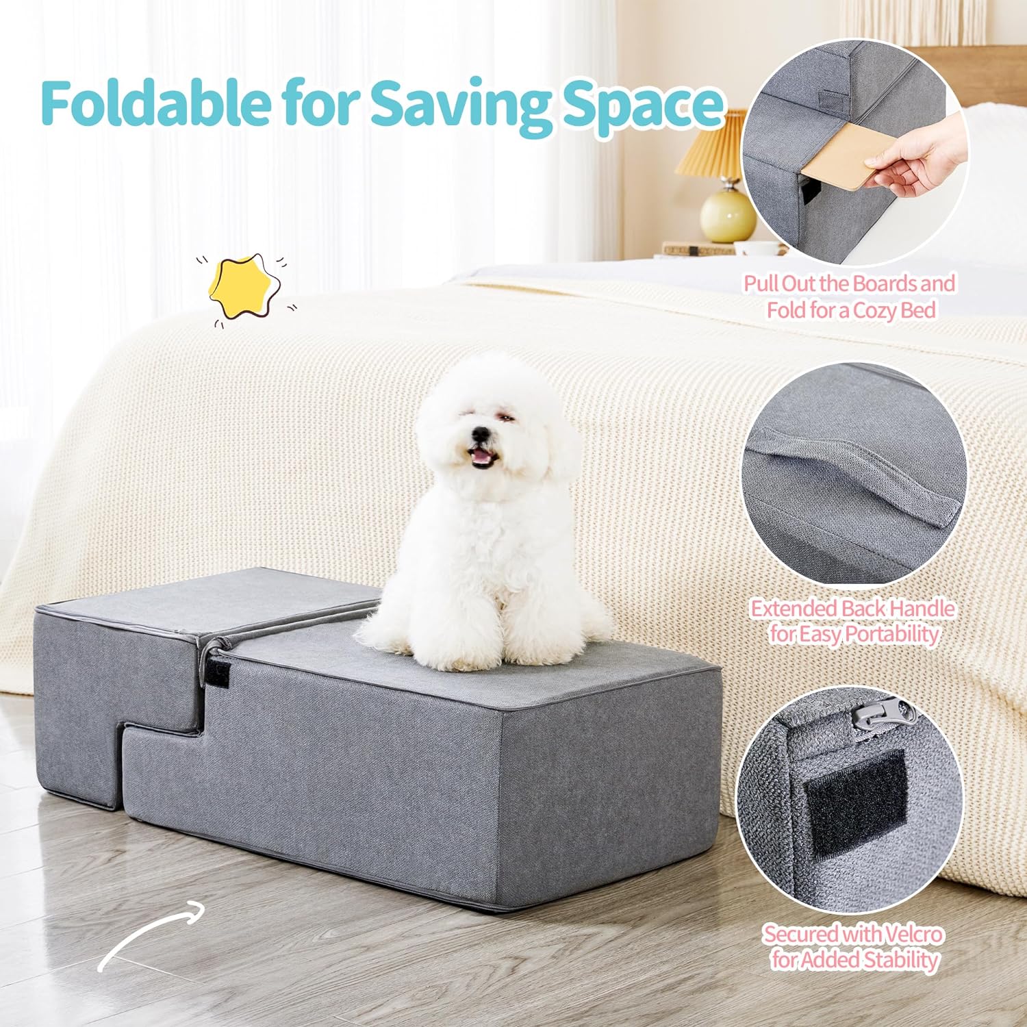 Foldable Dog Stairs for Small Dogs with Washable Cover - Made4Pets