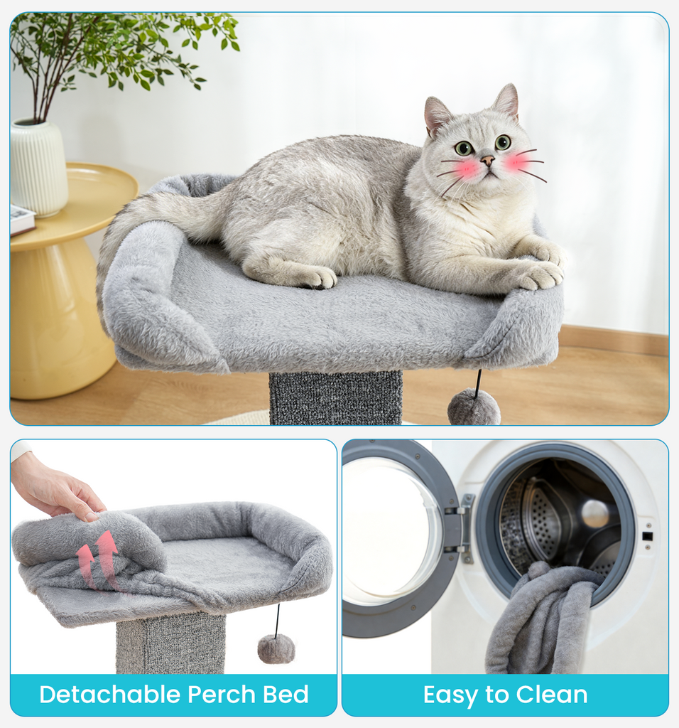 Made4Pets Cat Scratching Post with Bed, 32'' Modern Cat Scratcher with Top Plush Cat Bed, Tall Cat Scratch Post for Indoor Cats, Heavy-Duty Carpet Scratching Post with Hanging Ball Toy, Grey