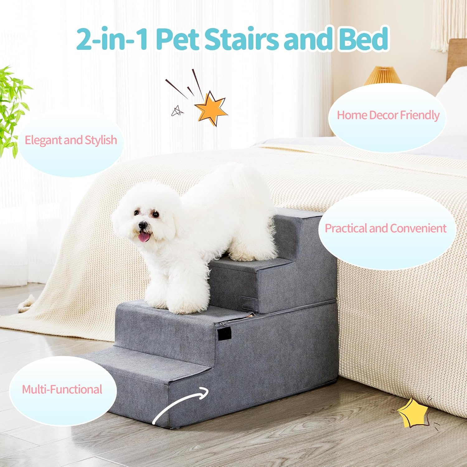 Foldable Dog Stairs for Small Dogs with Washable Cover - Made4Pets