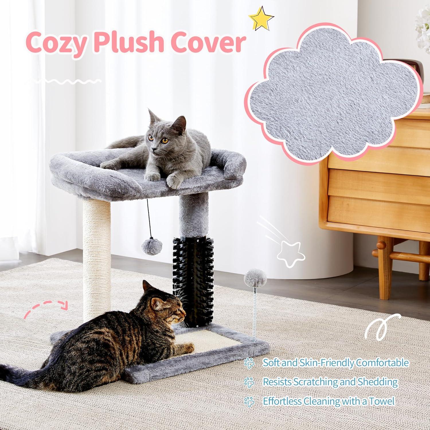 Small Cat Tree Tower 4-in-1 with Cat Self Groomer Brush - Made4Pets