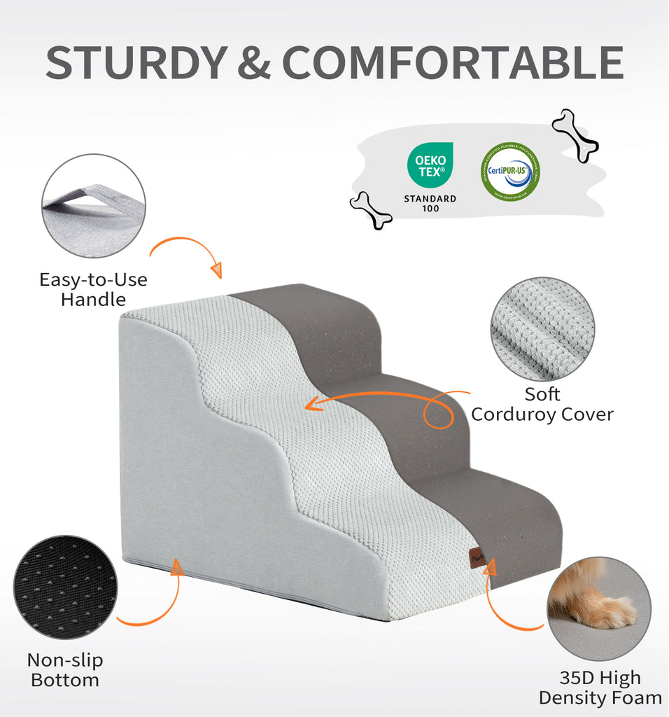 Made4Pets Dog Stairs Ramp for Small Dogs, 3-Step Dog Steps for Bed Couch Sofa and Chair, Gray
