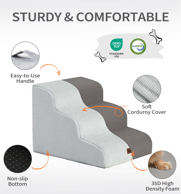 Made4Pets Dog Stairs Ramp for Small Dogs, 3-Step Dog Steps for Bed Couch Sofa and Chair, Gray