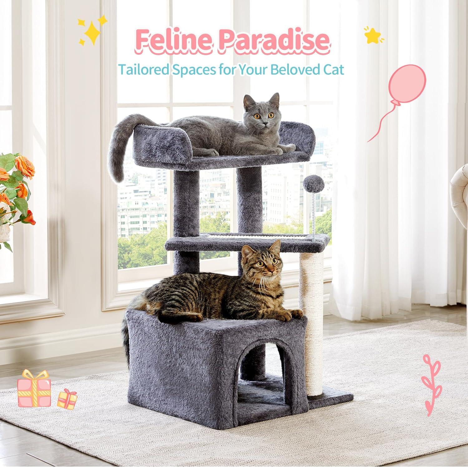 Made4Pets Cat Tree, Carpet Cat Tower Grey for Indoors Cats, Cute Wood Kitty Condo with Scratching Post and Pad, 27