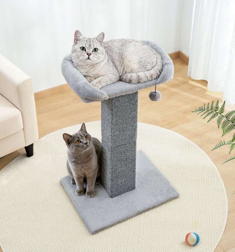 Made4Pets Cat Scratching Post with Bed, 32'' Modern Cat Scratcher with Top Plush Cat Bed, Tall Cat Scratch Post for Indoor Cats, Heavy-Duty Carpet Scratching Post with Hanging Ball Toy, Grey