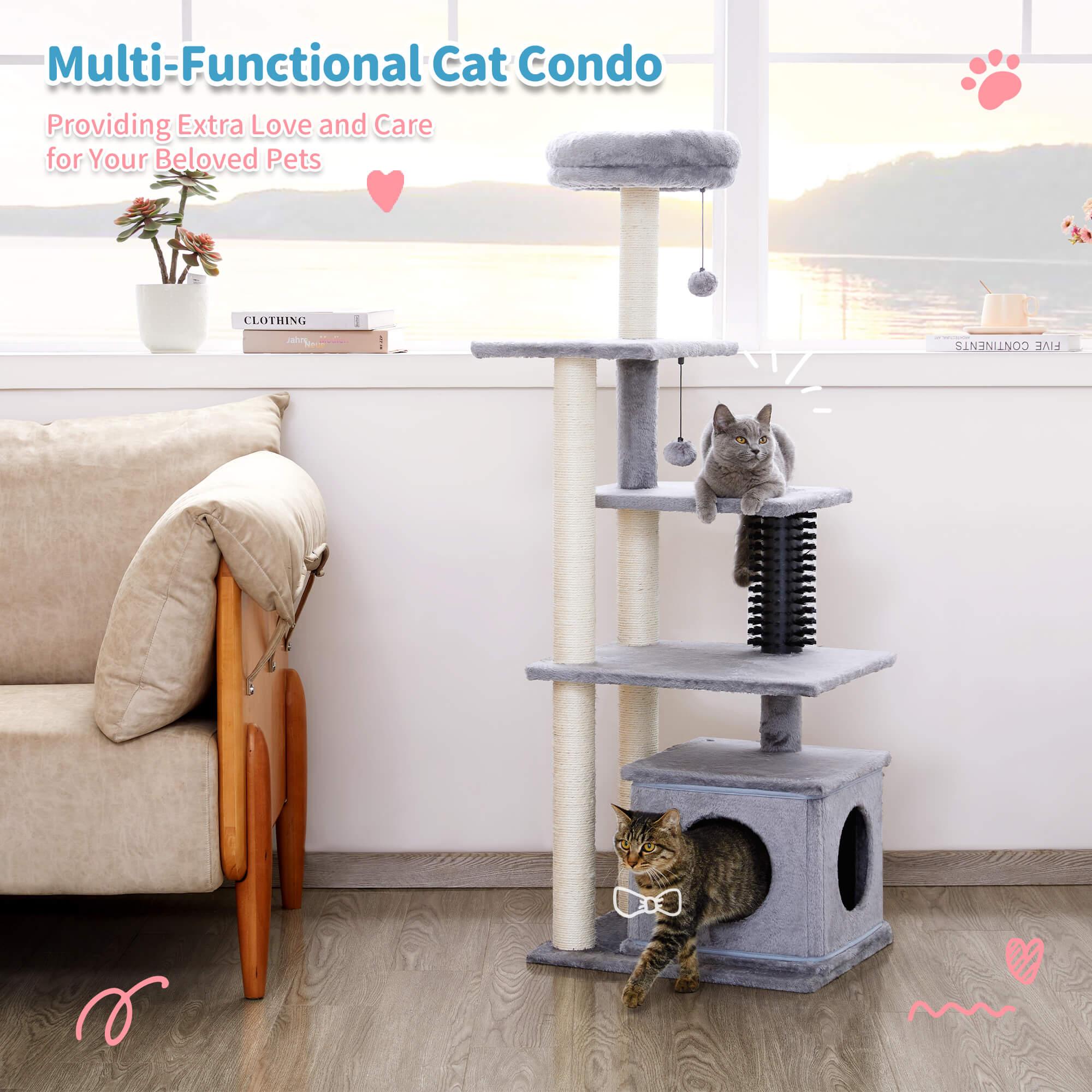 Multi-Level Large Cat Condo with Scratching Posts and Pompoms - Made4Pets