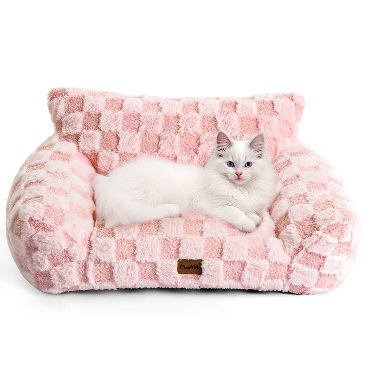 Soft Cat Couch Bed, Faux Fur Checkered Pet Sofa