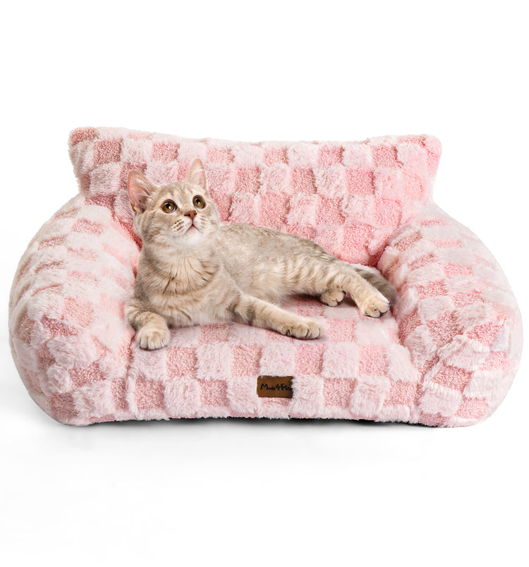 Soft Cat Couch Bed, Faux Fur Checkered Pet Sofa