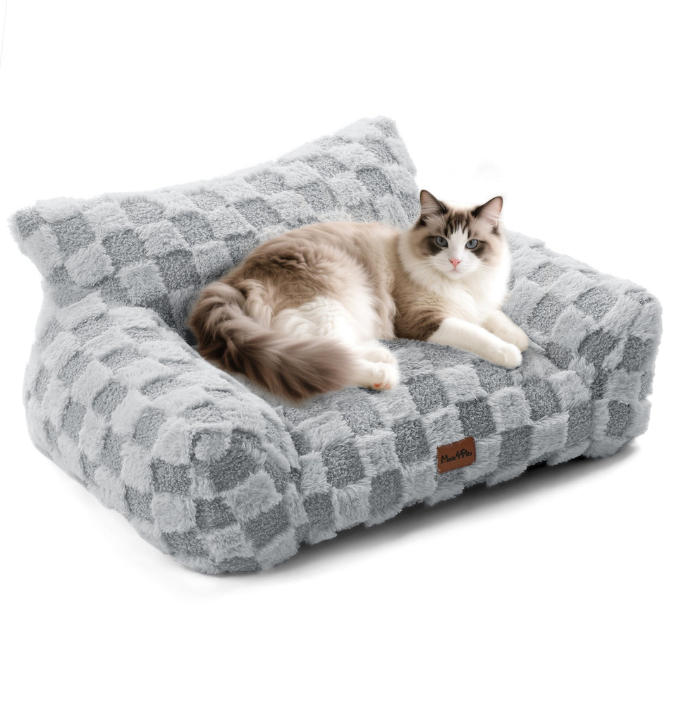 Soft Cat Couch Bed, Faux Fur Checkered Pet Sofa